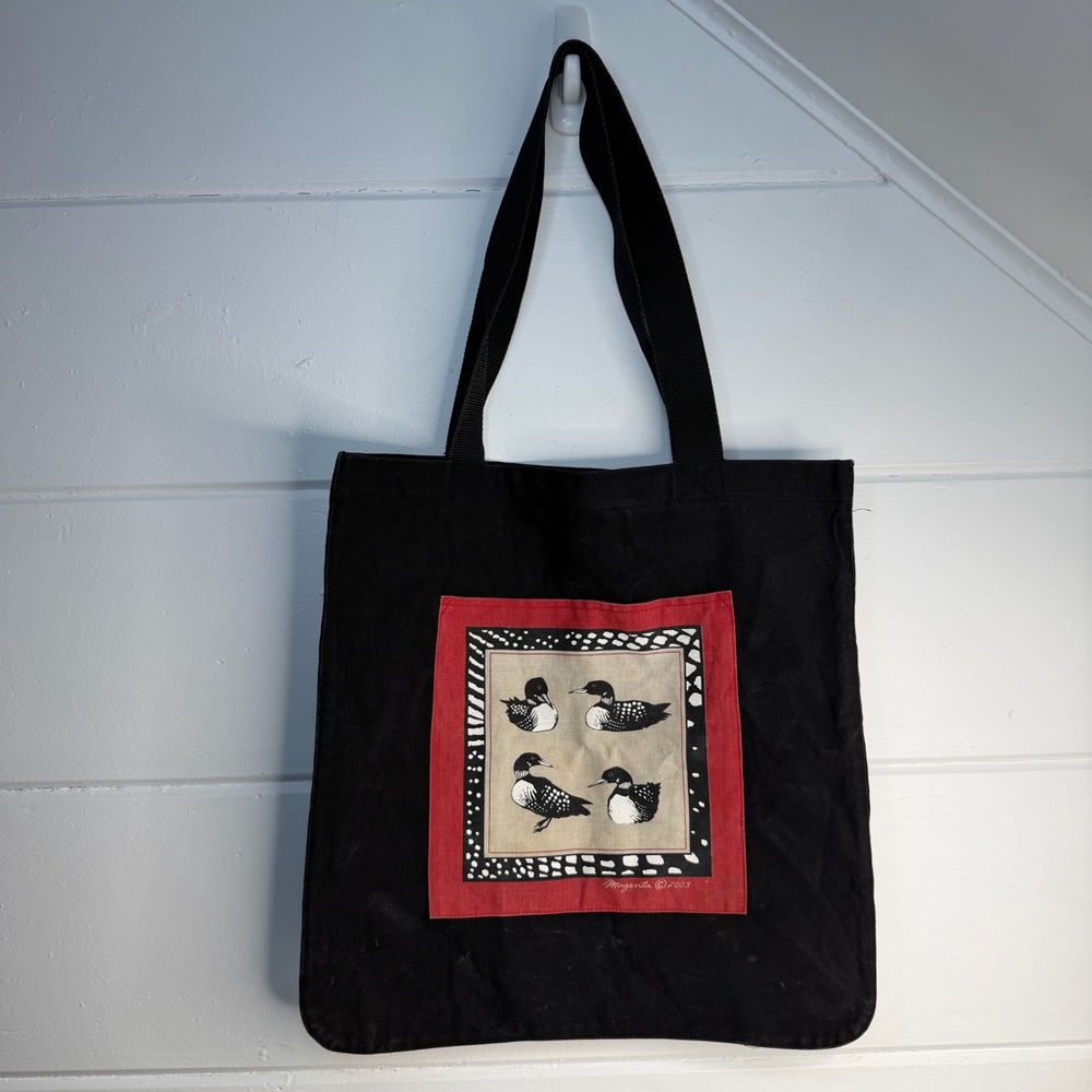 Vintage Mallard Duck Tote Bag Magenta Black Red‎ White Canvas